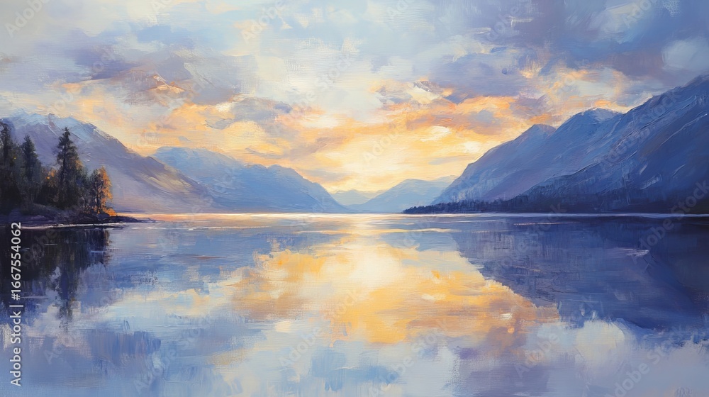 Fototapeta premium 24.Picturesque Northern European lake at twilight, golden-yellow sunlight spilling across the water, reflecting a sky filled with soft blue tones and scattered clouds, surrounded by serene natural