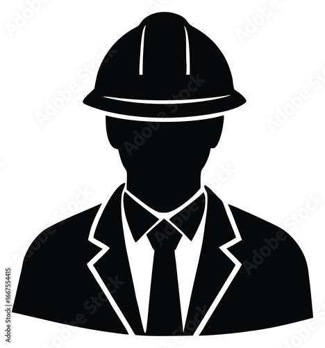 Silhouette of engineer or foreman with helmet and suit jacket in black