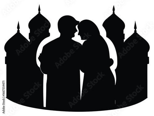Silhouette of Loving Couple Embracing with Mosque Background in Black and White
