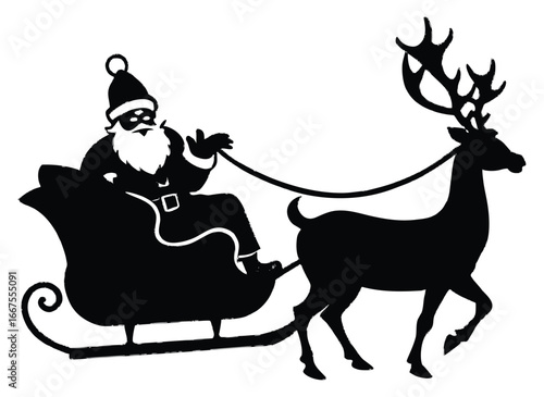 Silhouette of Santa Claus in a sleigh being pulled by a reindeer