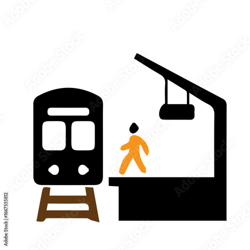 Vector icon of a passenger walking on a railway station platform next to a train, symbolizing urban public transportation and daily commuting