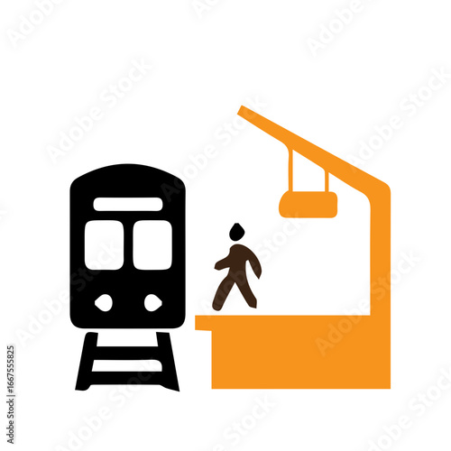 Minimalist vector icon of a passenger on a platform next to a train at a station. Concept of public transport, travel, and urban commuting