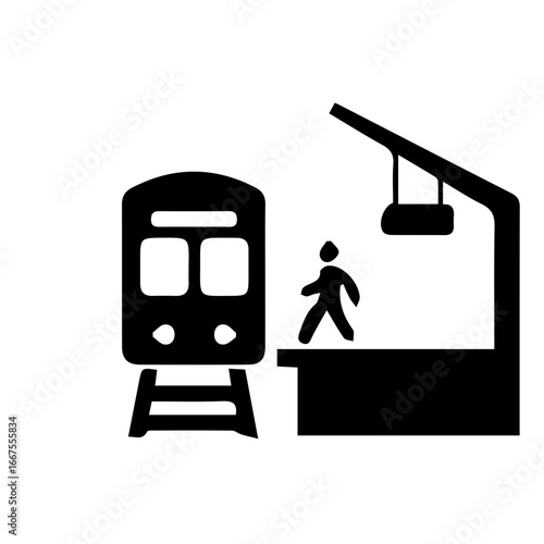 Minimalist black and white icon of a passenger on a station platform with an arriving train. Vector symbol for public transport, commute, and travel