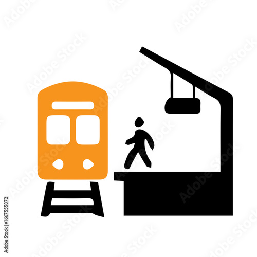 Simple flat design icon of a passenger walking on a station platform next to a train, a symbol representing urban commuting and public transportation