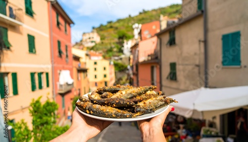 Fototapeta Naklejka Na Ścianę i Meble -  Fried fish on a plate held in front of a picturesque Italian village