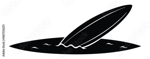 Stylized black surfboard standing vertically in ocean vector illustration graphic