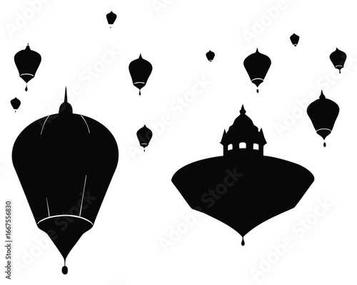 Abstract black and white illustration of floating structures and lanterns in sky