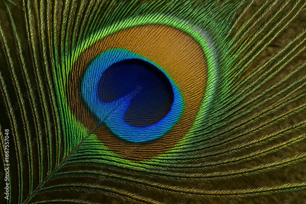Obraz premium Stunning Macro View of a Peacock Feather's Eye, Revealing Intricate Patterns and Brilliant Iridescent Hues of Green and Blue