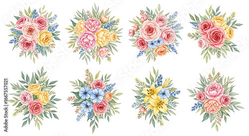 Watercolor floral bouquets with roses and lilies on white background