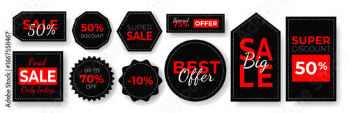Sale Tags and Labels Set. Black Friday. Cyber ​​Monday. Badges with Embroidery and Modern Trendy Fonts in Simple Flat Style. Stickers Template for Shopping, Web, Marketing.Vector Illustration.