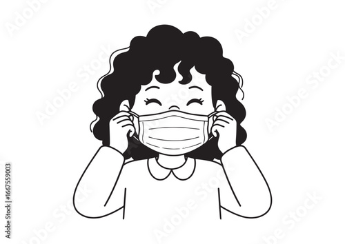 Cartoon Illustration of Curly-Haired Girl Wearing a Medical Face Mask, Clean Style, No Background