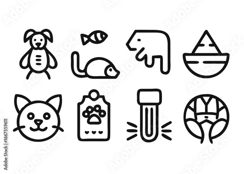 Charming collection of pet themed graphic elements featuring a feline friend with adaptable stroke thickness for diverse creative applications