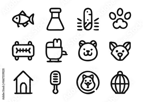Comprehensive collection of adjustable line weight animal graphics featuring a domestic feline companion and other pet related illustrations for diverse design applications