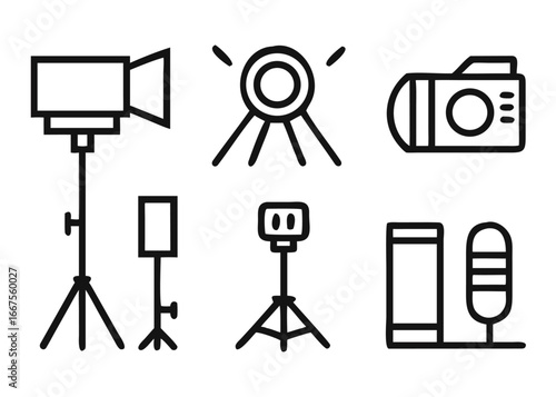 Comprehensive photography studio equipment icon set featuring essential gear for visual creatives and professionals