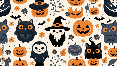 Halloweenthemed image with pumpkins, cats, owls, bats, flowers, and a small ghost suitable for festive designs, invitations, and decorations.