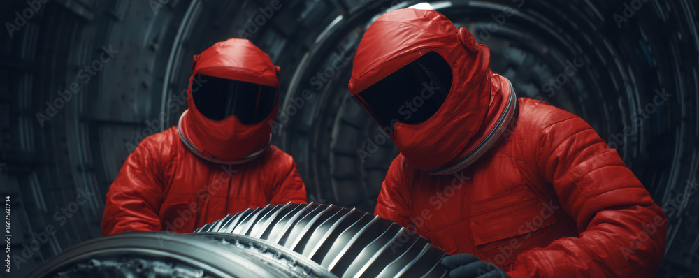 Obraz premium Two figures in red suits work on a large mechanical component inside a futuristic, industrial setting with metallic walls.