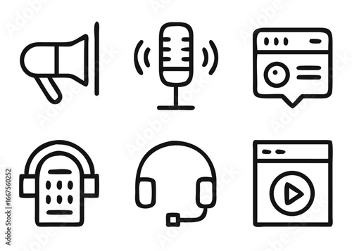 A comprehensive collection of podcasting graphic elements featuring a microphone icon with adaptable stroke thickness and vibrant color options for broadcasting themes