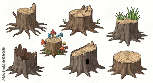 Vector illustration set of tree stumps in cartoon style, clean outline, flat colors, hand-drawn look. Include various shapes of stumps such as with roots, cracked surfaces, with grass, with mushrooms