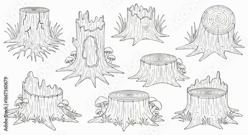Vector illustration set of tree stumps in outline style only, clean black lines, no color fill. Different stump shapes with roots, cracks, hollow trunks, mushrooms, grass, and tree rings