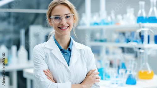 In a well-equipped laboratory, a scientist with glasses stands smiling, arms crossed. The lab is organized and features various glassware and equipment, showcasing research activity.