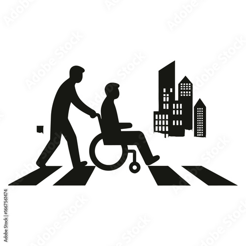 Caring silhouette of person assisting wheelchair user across city street crosswalk with urban buildings background 