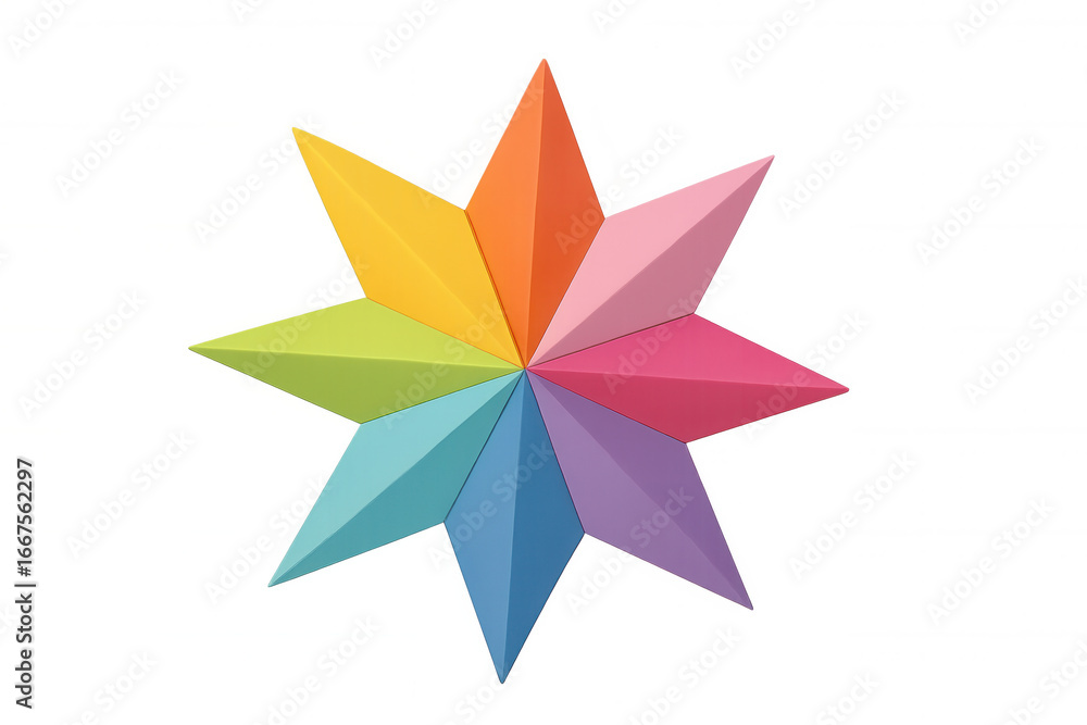 Obraz premium Rainbow star glowing with eight sharp points, spreading colorful light against transparent surface, generating joyful visual energy