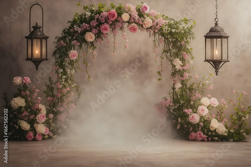 Beautiful romantic scene white background focal point archway Maternity backdrop, wedding 