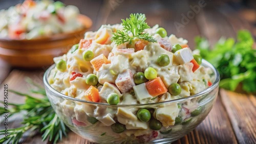 An overhead, mouthwatering shot of a homemade Russian salad ready to be served. 
