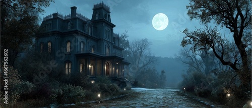 Haunted house haunted house haunted house at night with full moon spooky gothic mansion eerie forest Halloween background