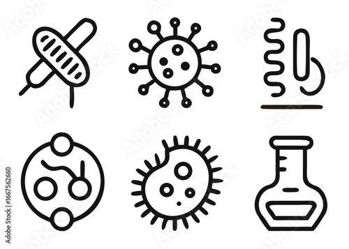 Comprehensive science and biology icon collection featuring microorganisms and cellular structures for educational and research purposes