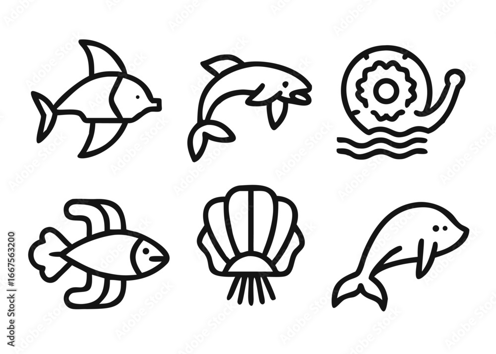 Fototapeta premium Collection of marine life graphics featuring diverse ocean creatures with adaptable stroke thickness for various design applications