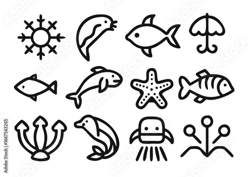 Collection of marine life graphics featuring diverse aquatic creatures with customizable stroke thickness for various design projects