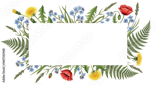 Watercolor floral frame with dandelions poppies and forget me nots