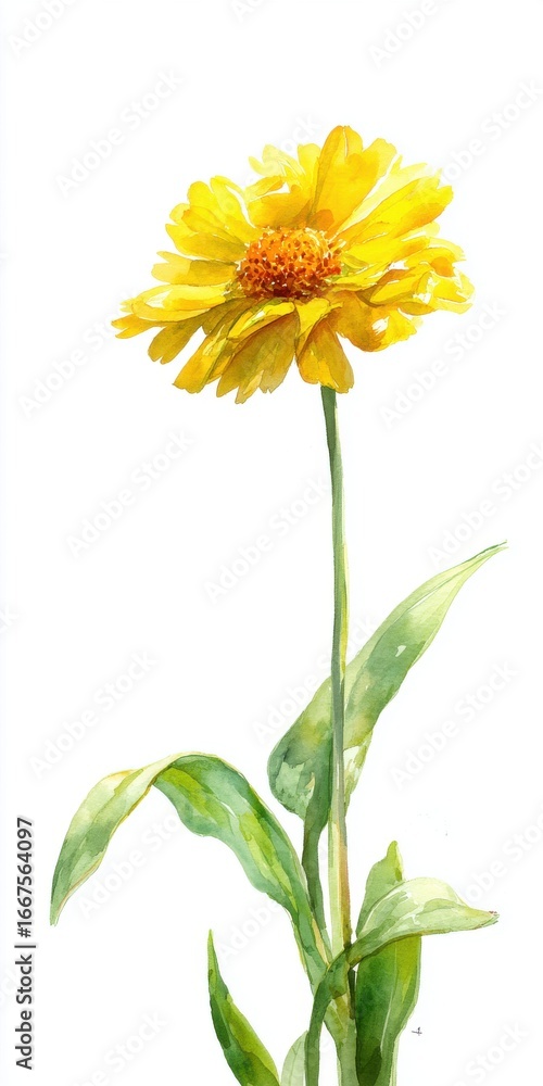 Fototapeta premium Vibrant Yellow Flower Watercolor Painting on White