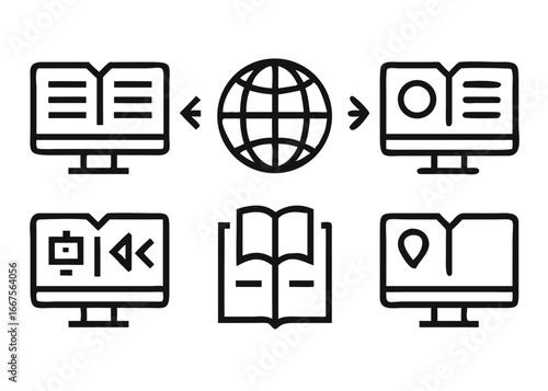 Comprehensive collection of thin line icons representing various aspects of modern digital learning and educational technology platforms