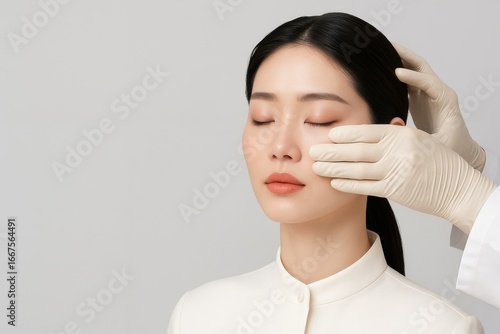 目をつぶるアジア人女性の顔の施術、白い背景