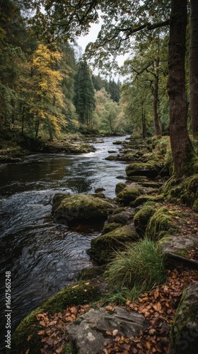 Autumnal river flowing through mossy woodland