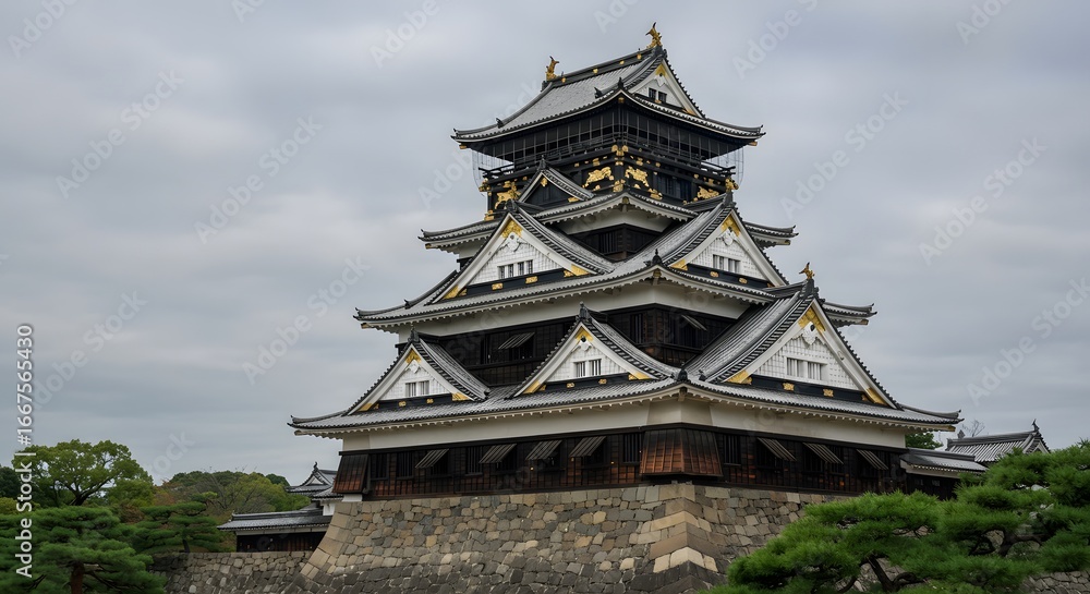 Obraz premium A grand view of Kumamoto, a magnificent Japanese National Treasure Castle, its iconic structure reflecting centuries of architectural mastery and historical significance