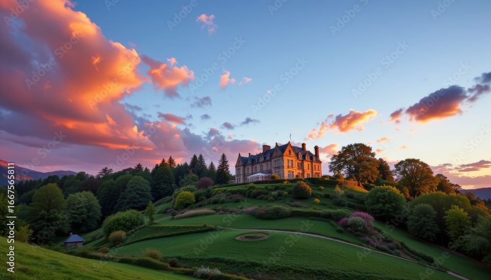 Fototapeta premium Grand Estate on Hill at Sunset
