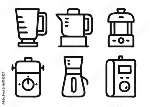 Charming collection of compact kitchen device graphics featuring a modern blender and other essential household gadgets for culinary use