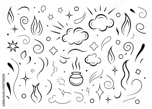 Collection of stylized smoke and steam icons representing vaporous elements and atmospheric effects in a graphic design asset