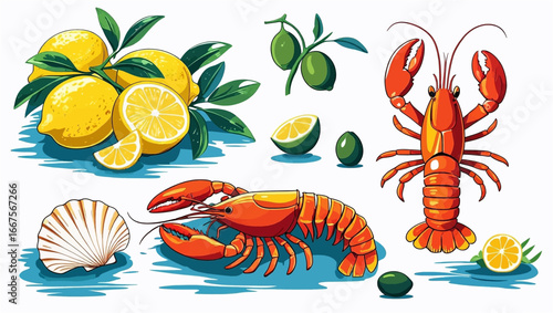 Arrangement of lemons, olives, two lobsters, and a seashell. Ideal for seafood menus, beachthemed designs, summer concepts, and food blogs.