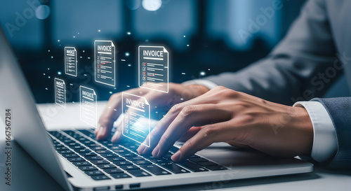 Businessman managing invoices with laptop, modern technology for efficient accounting and finance