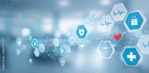 Abstract medical technology graphic.  A soft-focus, light-blue background features interconnected, translucent hexagonal shapes.