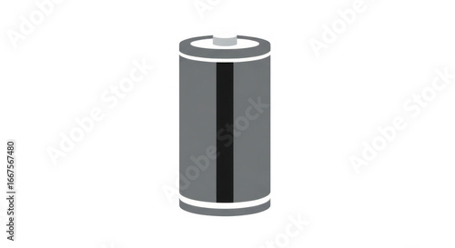 A grayscale illustration of a cylindrical battery with a dark gray body and lighter gray bands at the top and bottom