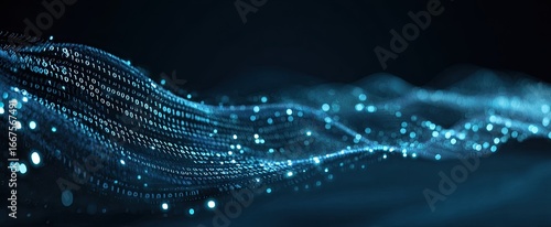 Abstract digital wave of light-blue particles flowing across a dark background.  Light-blue particles create a wavy pattern reminiscent of flowing data or energy.