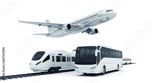 Modern transportation modes including airplane train and bus on white background