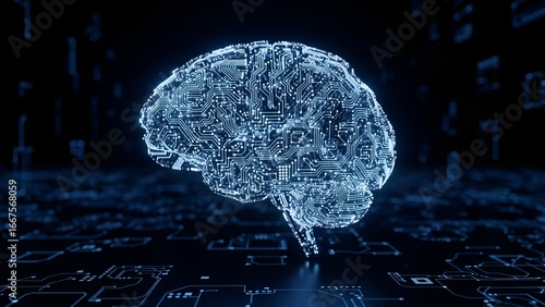 An abstract, futuristic brain with a circuit board design and glowing lines, symbolizing artificial intelligence and technology.