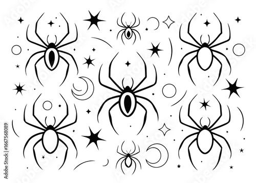 A diverse collection of artistic spider illustrations featuring various poses and styles in black yellow cyan and magenta hues