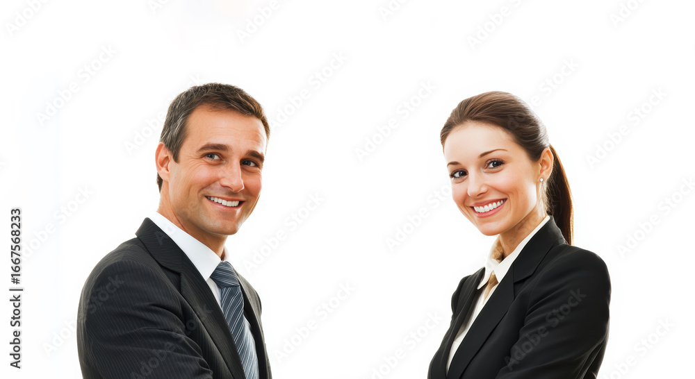 Standing side by side, the business man and woman convey a strong sense of professionalism and balanced partnership with copy space white background. Standing side by side, the business man and woman convey a strong sense of professionalism and balanced partnership with copy space white background.